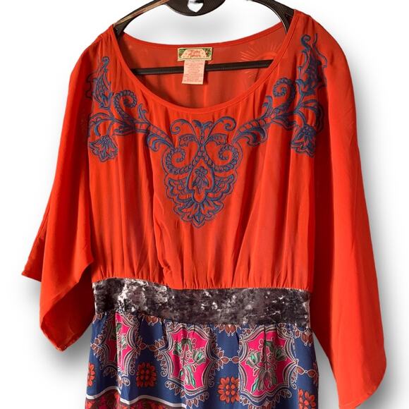 Sheer Chiffon Velvet Waist  Large Kimono Dress  Royal Blue Burnt Orange - Picture 4 of 12